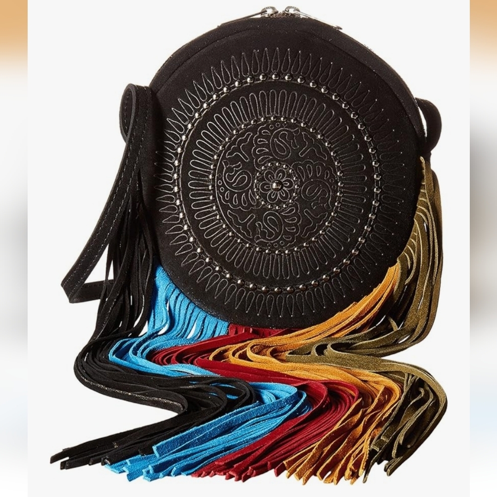 Patricia Nash Black Round Crossbody Bag with Multicolor Fringe